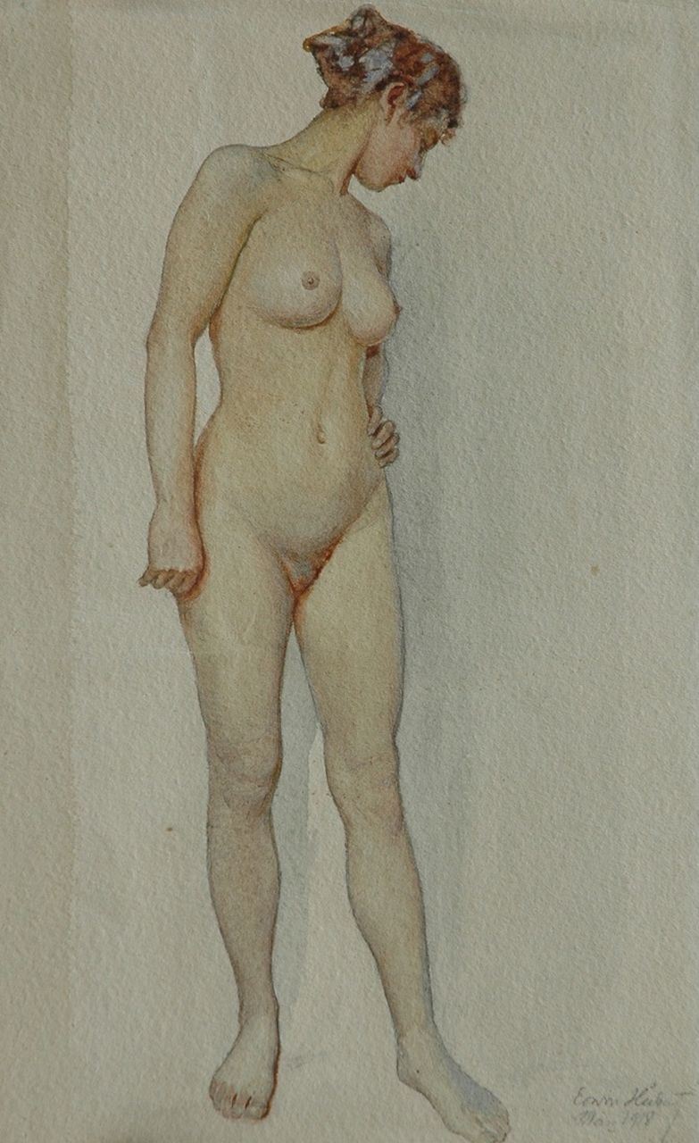 Hubert E.  | Erwin Hubert, Staand vrouwelijk naakt, potlood en aquarel op papier 33,0 x 20,0 cm, gesigneerd rechtsonder en gedateerd März 1918