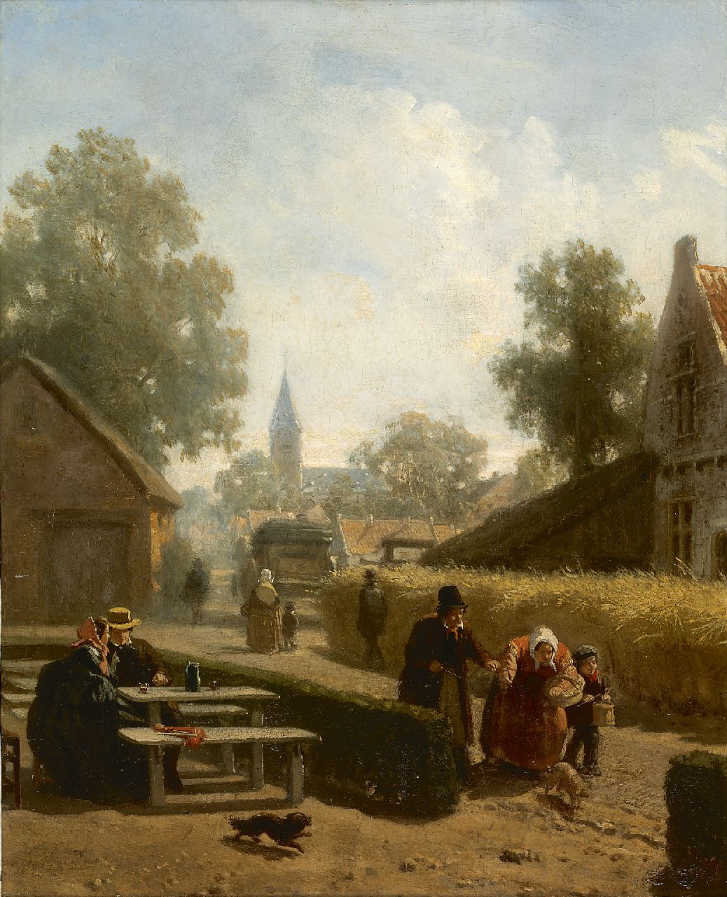 Cornelis Willem Hoevenaar sr. | Zomermiddagvermaak in een dorpje, olieverf op paneel, 34,8 x 28,5 cm, gesigneerd l.o. (vaag)