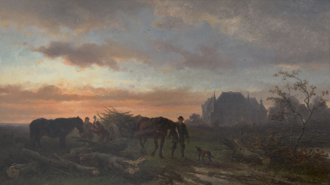 Verschuur W.  | Wouterus Verschuur, Avondlandschap met houthakkers en hun paarden, olieverf op paneel 26,2 x 46,0 cm, gesigneerd rechtsonder