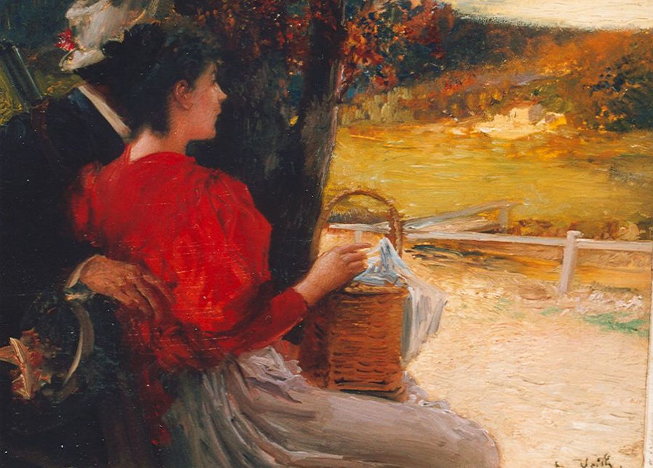 Veith E.  | Eduard Veith, Jager met zijn geliefde onder een boom, olieverf op paneel 17,7 x 23,9 cm, gesigneerd rechtsonder