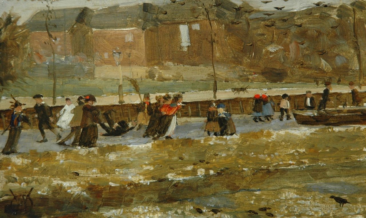 Dijsselhof G.W. | Gerrit Willem Dijsselhof, IJsvermaak op een stadsgracht, olieverf op paneel 9,7 x 16,0 cm, gesigneerd linksonder met monogram en te dateren ca. 1902-'03 Dijsselhof G.W. | Gerrit Willem Dijsselhof, IJsvermaak op een stadsgracht, olieverf op paneel 9,7 x 16,0 cm, gesigneerd linksonder met monogram en te dateren ca. 1902-'03