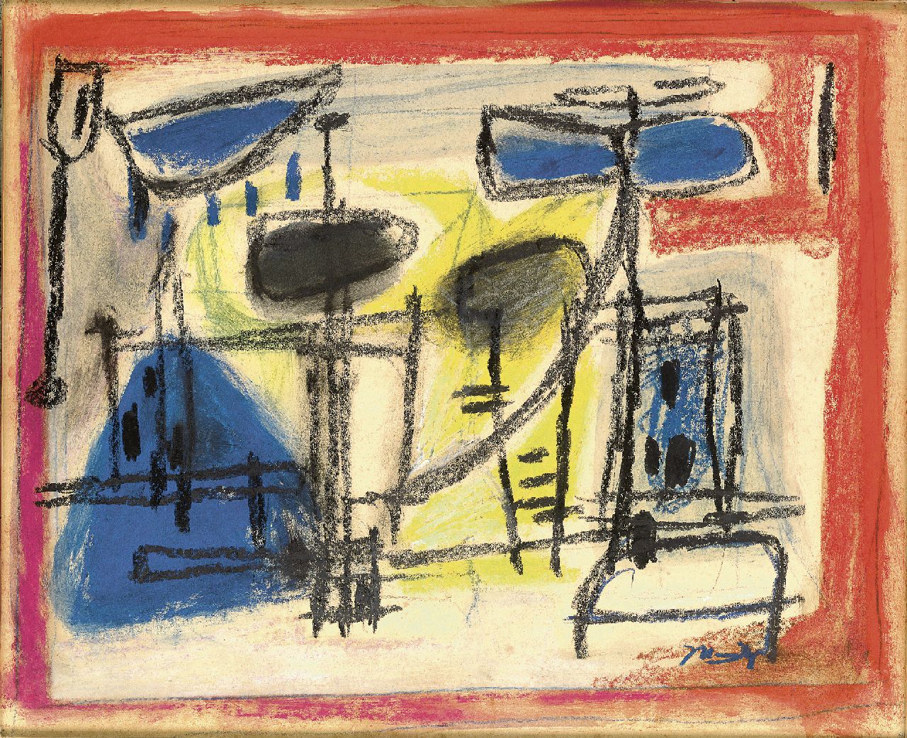 Nanninga J.  | Jacob 'Jaap' Nanninga, Compositie met figuren, gekleurd krijt op papier 25,0 x 32,0 cm, gesigneerd rechtsonder en te dateren ca. 1958