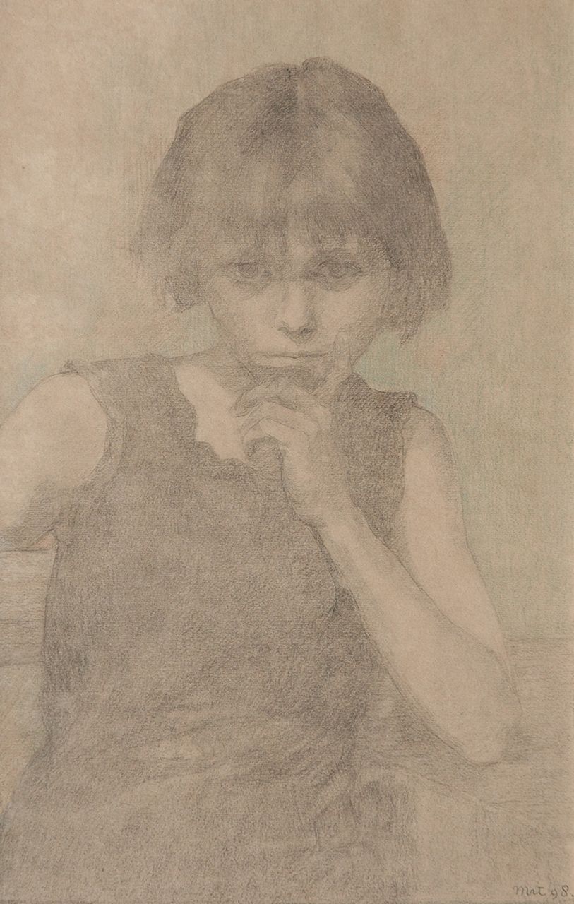 Bruinier J.M.  | Jeanne Marie 'Sanne' Bruinier, Meisjesportret, krijt op papier 40,8 x 26,3 cm, gedateerd 'mrt '98'