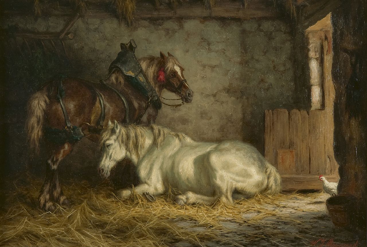 Boogaard W.J.  | Willem Johan Boogaard | Schilderijen te koop aangeboden | Rustende paarden in een stal, olieverf op paneel 27,5 x 40,0 cm, gesigneerd rechtsonder