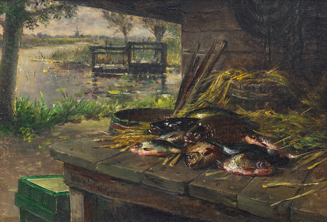 Roelofs jr. W.E.  | Willem Elisa Roelofs jr., Oude vismijn aan het water, olieverf op doek 31,5 x 46,0 cm, gesigneerd linksonder op rand van de tafel