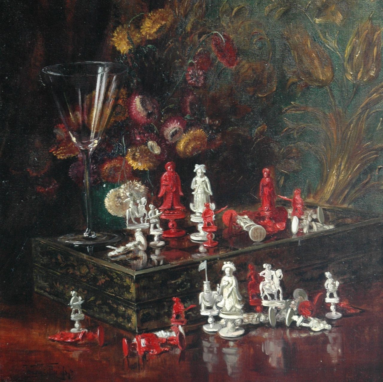 Roelofs jr. W.E.  | Willem Elisa Roelofs jr., Stilleven met Chinese schaakstukken, olieverf op doek 45,5 x 45,7 cm, gesigneerd linksonder