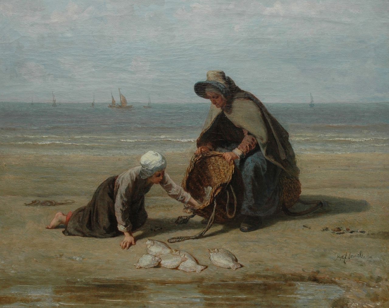 Israëls J.  | Jozef Israëls, Vissersvrouw en dochter op het strand met de vangst, olieverf op doek 54,0 x 67,0 cm, gesigneerd rechtsonder