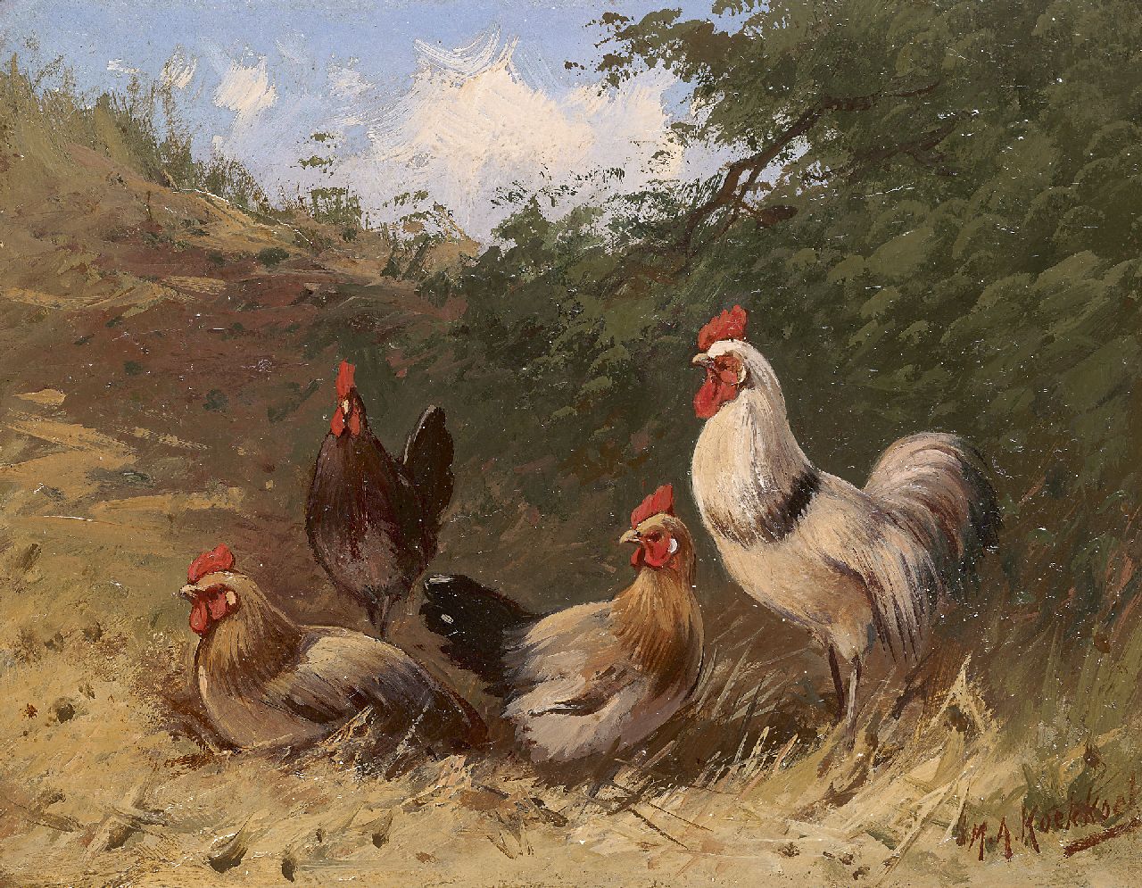 Koekkoek II M.A.  | Marinus Adrianus Koekkoek II, Landschap met kippen en haan, olieverf op schildersboard 14,1 x 18,1 cm, gesigneerd rechtsonder