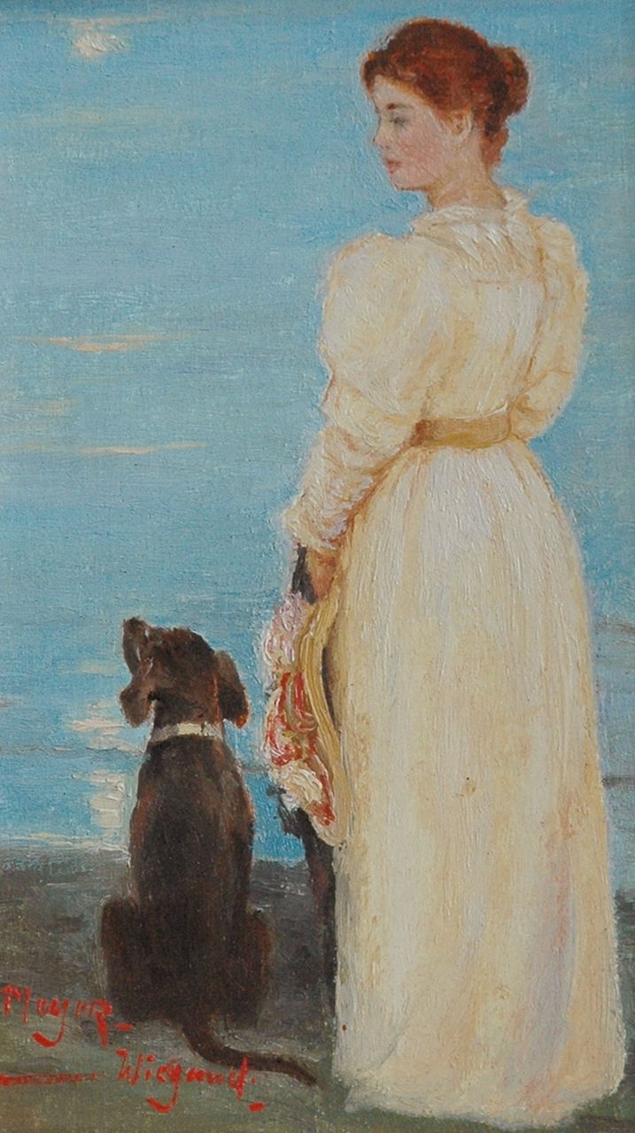 Meyer-Wiegand R.D.  | Rolf Dieter Meyer-Wiegand, Vrouw met hond aan de vloedlijn, olieverf op paneel 16,0 x 20,0 cm, gesigneerd linksonder