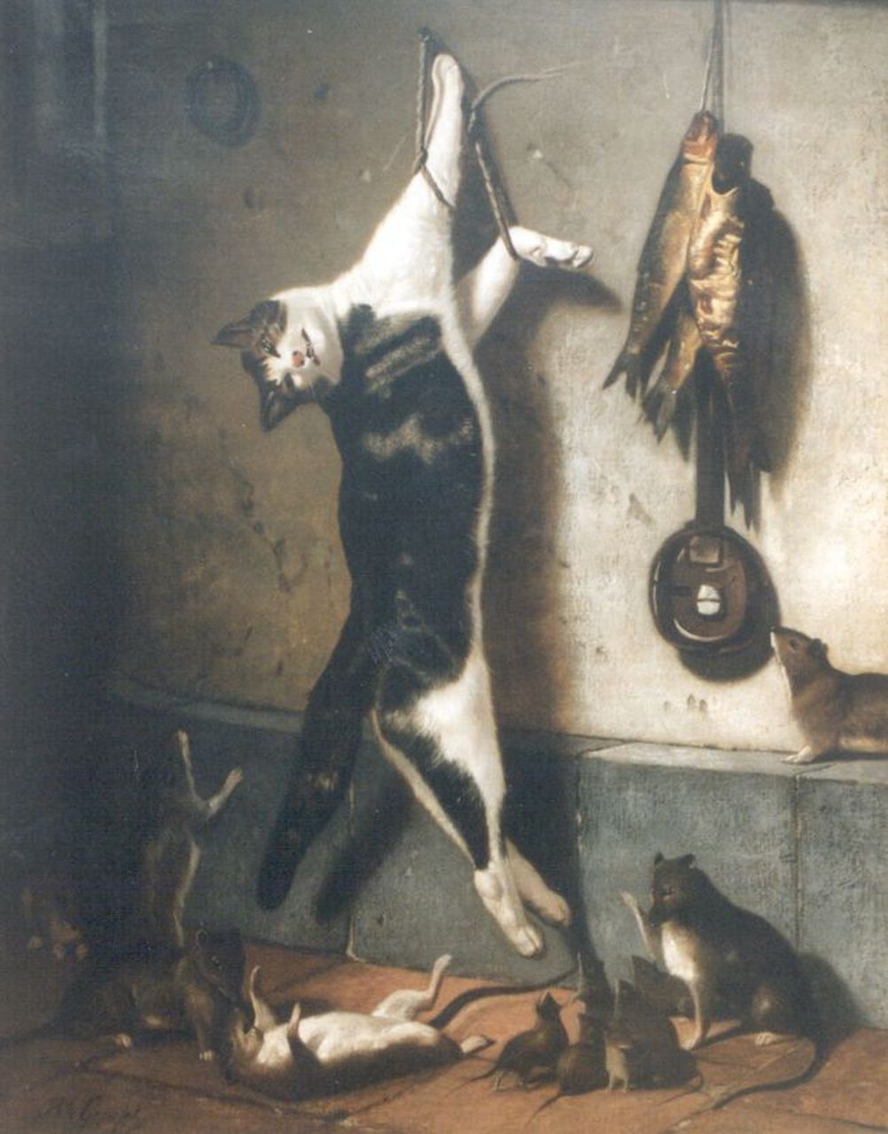 Gempt B. te | Bernard te Gempt, Dode kat en blije nieuwsgierige ratten, olieverf op doek 118,0 x 94,0 cm, gesigneerd linksonder