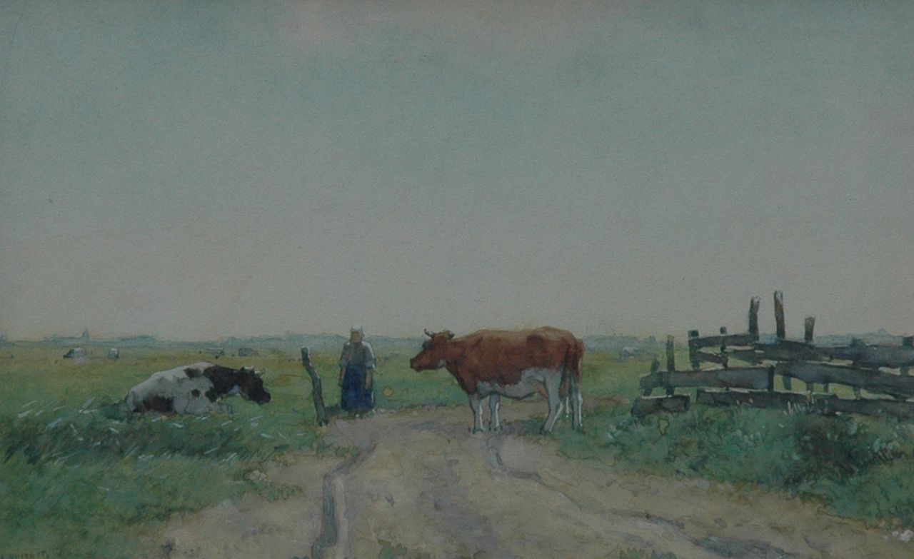 Knikker A.  | Aris Knikker, Boerin en koeien in zomers weidelandschap, aquarel op papier 21,3 x 33,3 cm, gesigneerd linksonder