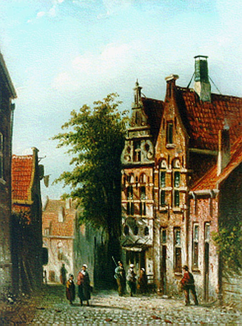 Spohler J.F.  | Johannes Franciscus Spohler, Zonnig straatje met figuren, olieverf op paneel 20,8 x 15,9 cm, gesigneerd linksonder