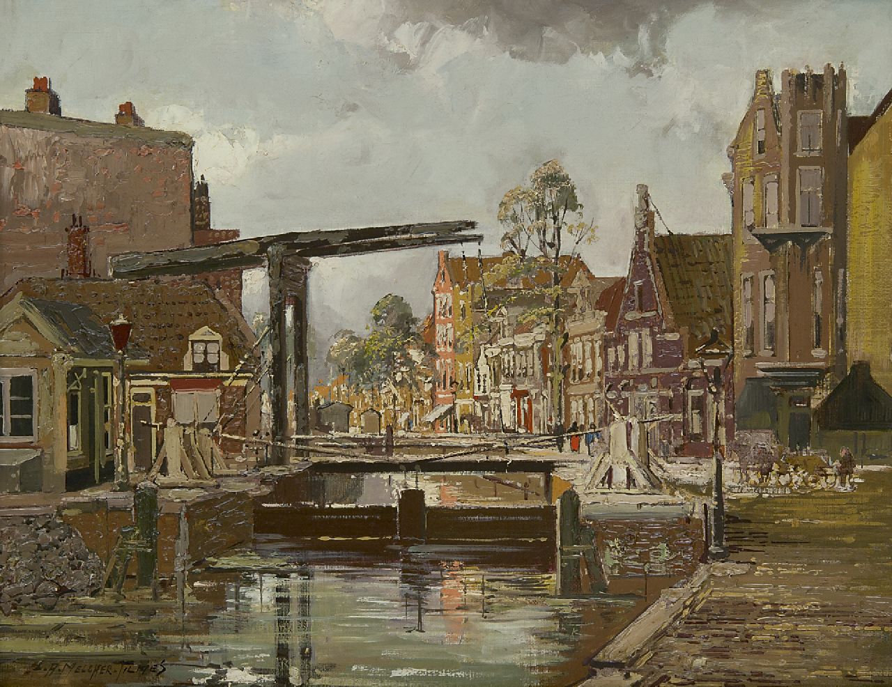 Jan Hermanus Melcher Tilmes | Brug over de Schinkel, de Sluis bij de Overtoom Amsterdam, olieverf op doek, 35,2 x 44,7 cm, gesigneerd l.o.