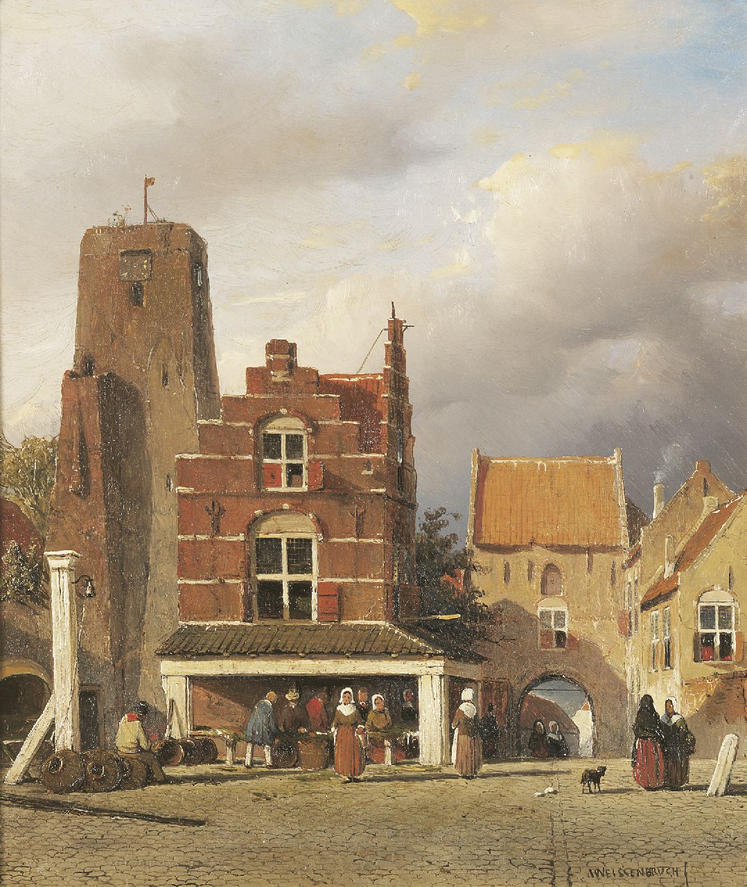 Weissenbruch J.  | Johannes 'Jan' Weissenbruch, Figuren bij de visbanken op de markt van Woudrichem, met de Hoftoren, olieverf op paneel 30,9 x 25,7 cm, gesigneerd rechtsonder