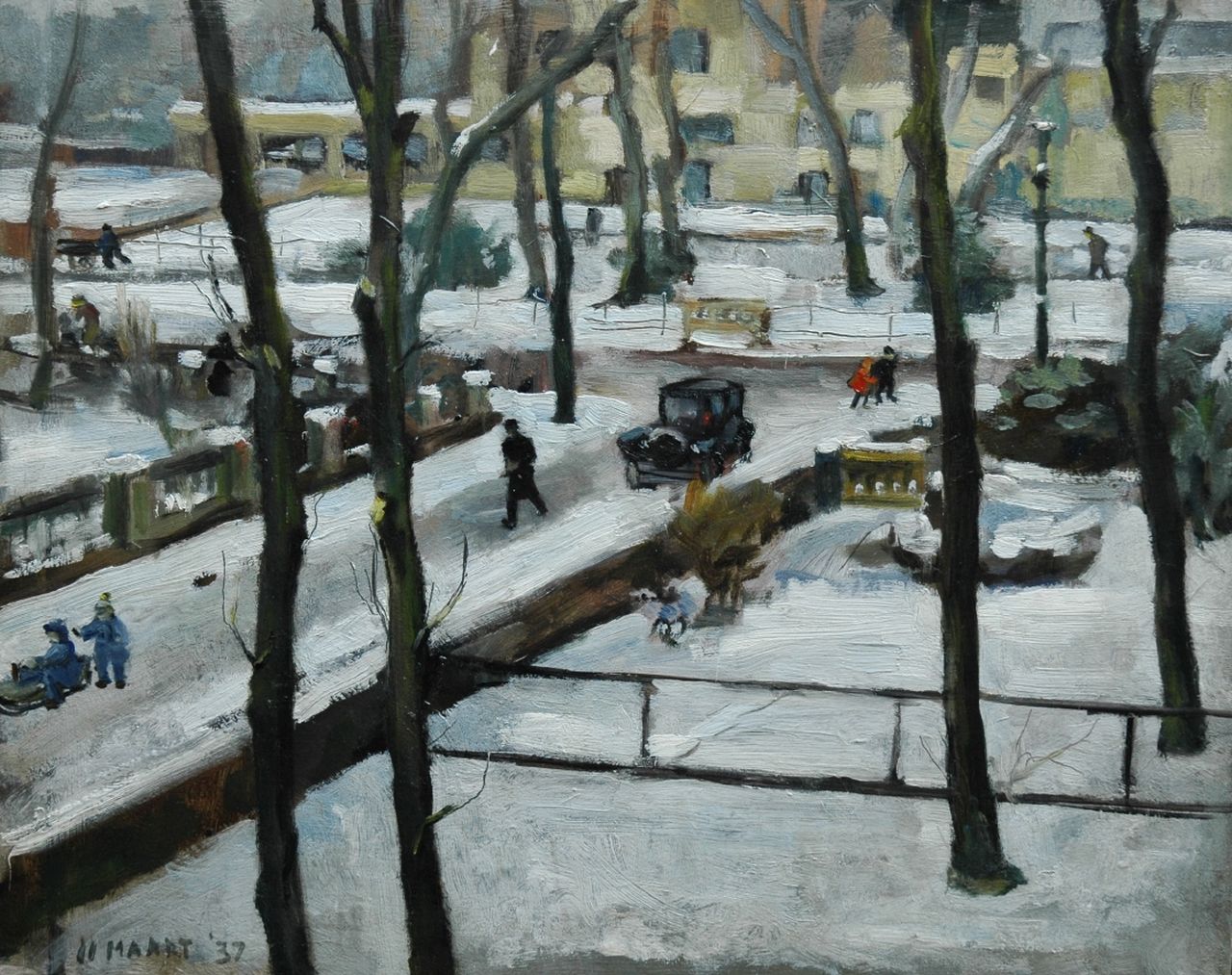Arntzenius E.C.  | Elise Claudine Arntzenius, Winters Den Haag met op de achtergrond het Haags Gemeentemuseum, olieverf op paneel 32,4 x 40,2 cm, gedateerd 11 maart '37