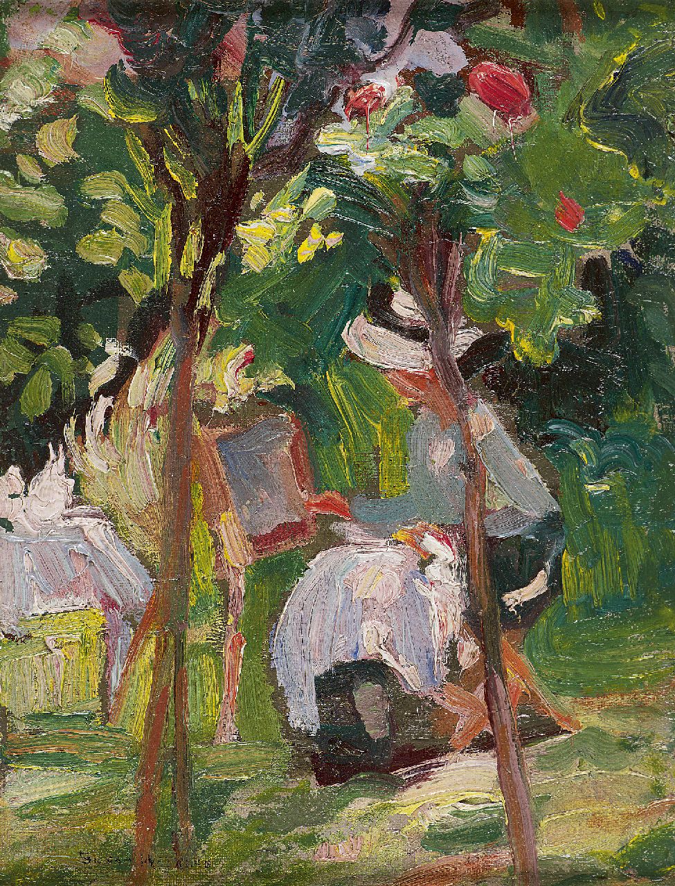 Susan Watkins | Schilderen in de tuin, olieverf op doek op board, 23,1 x 17,9 cm, gesigneerd l.o.