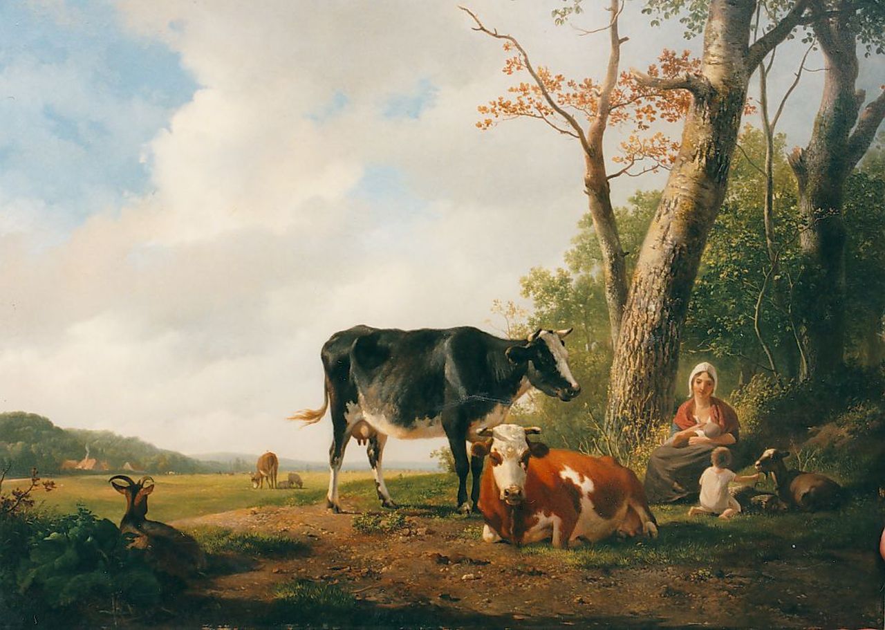 Sande Bakhuyzen H. van de | Hendrikus van de Sande Bakhuyzen, Koeienhoedster met vee en kinderen in zomers landschap, olieverf op paneel 47,7 x 60,7 cm, gesigneerd linksonder en gedateerd 1829
