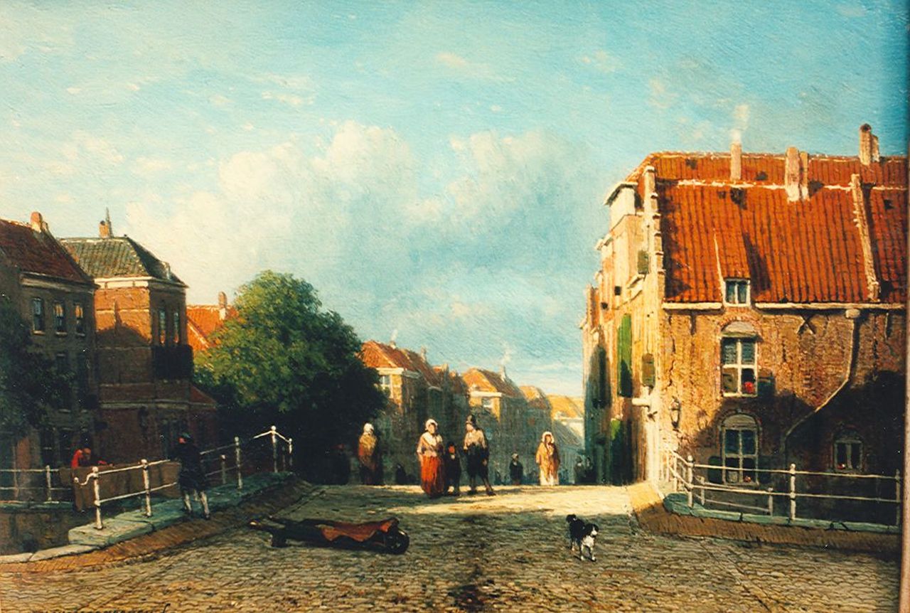 Weissenbruch J.  | Johannes 'Jan' Weissenbruch, Stadsgracht op een zomerochtend, olieverf op paneel 17,8 x 24,8 cm, gesigneerd linksonder