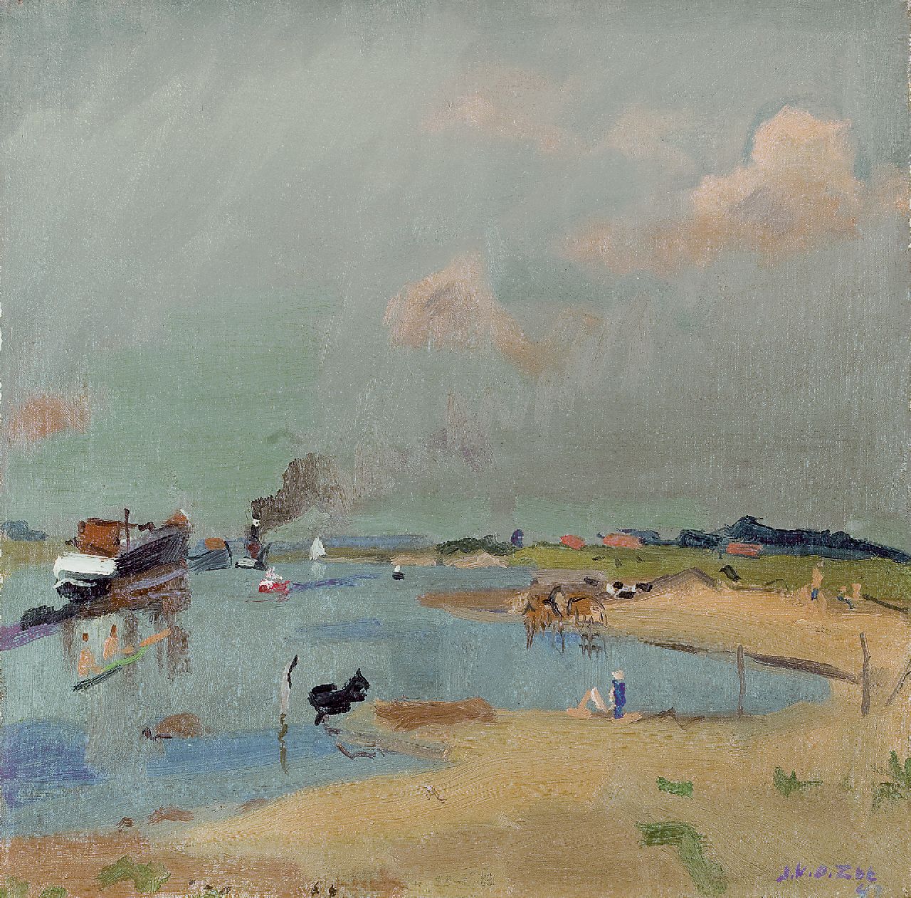 Zee J. van der | Jan van der Zee, Het Reitdiep, Groningen; verso: Het Paterswoldsemeer, olieverf op doek 50,2 x 50,4 cm, gesigneerd r.o en gedateerd '43 Zee J. van der | Jan van der Zee, Het Reitdiep, Groningen; verso: Het Paterswoldsemeer, olieverf op doek 50,2 x 50,4 cm, gesigneerd r.o en gedateerd '43