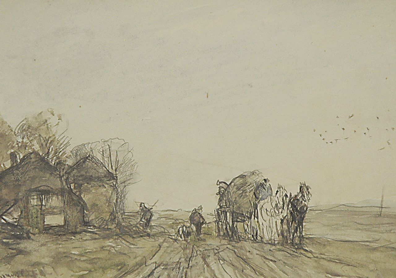 Apol L.F.H.  | Lodewijk Franciscus Hendrik 'Louis' Apol, Hooikar met paarden bij een boerenhuisje, potlood en aquarel op papier 16,5 x 23,3 cm, gesigneerd linksonder