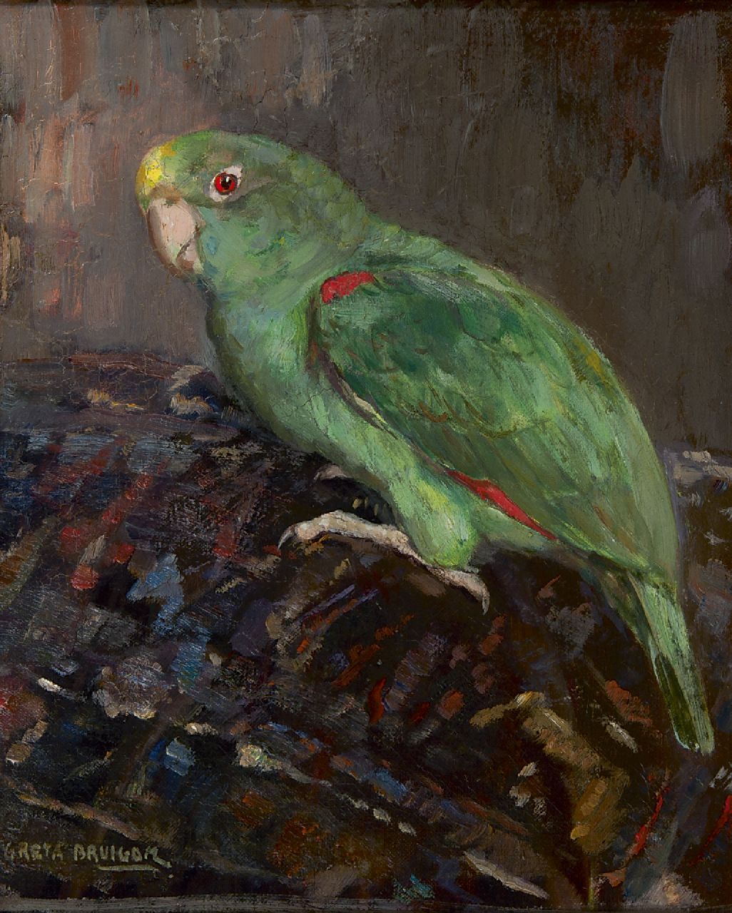 Bruigom M.C.  | Margaretha Cornelia 'Greta' Bruigom, Groene papegaai, olieverf op doek 33,0 x 27,5 cm, gesigneerd linksonder