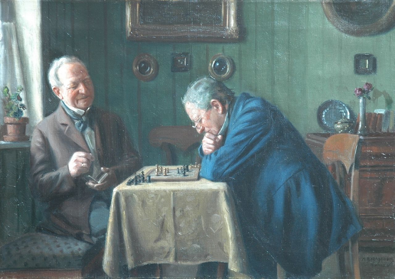 Barascudts M.  | Max Barascudts, Een potje schaken (schaak), olieverf op doek 35,5 x 50,0 cm, gesigneerd rechtsonder