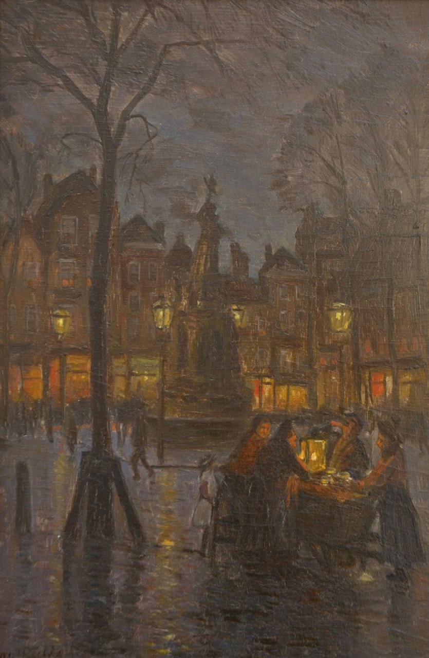 Richters M.J.  | 'Marius' Johannes Richters, De mosselkraam op de Nieuwe Markt in Rotterdam, bij avond, olieverf op paneel 32,5 x 21,4 cm, gesigneerd linksonder en te dateren ca. 1910-1915