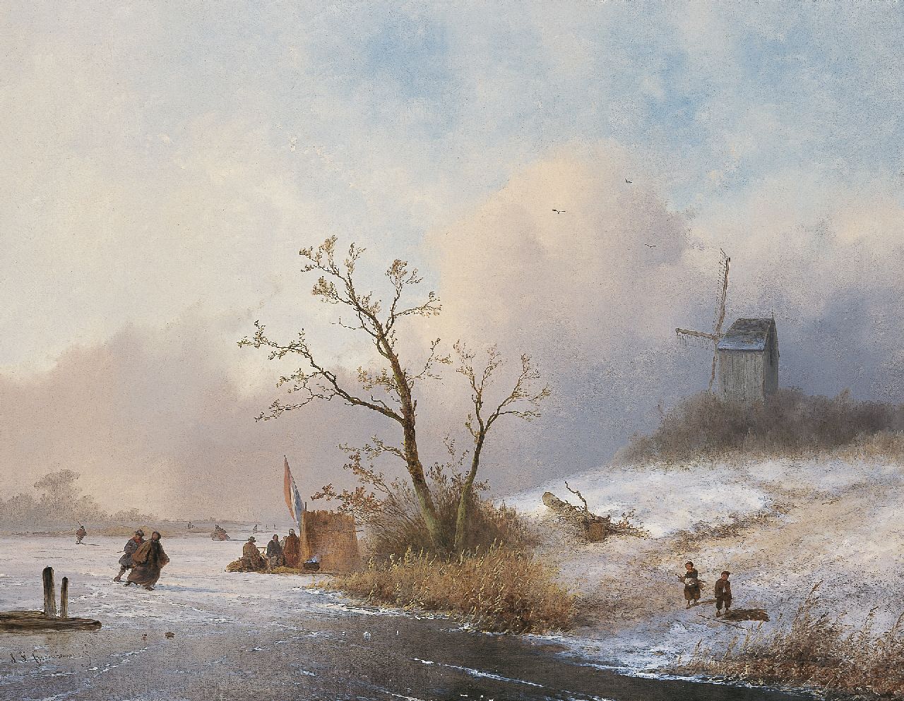 Hoppenbrouwers J.F.  | Johannes Franciscus Hoppenbrouwers, Winterlandschap met schaatsers bij een koek-en-zopie, olieverf op doek 54,0 x 70,0 cm, gesigneerd linksonder