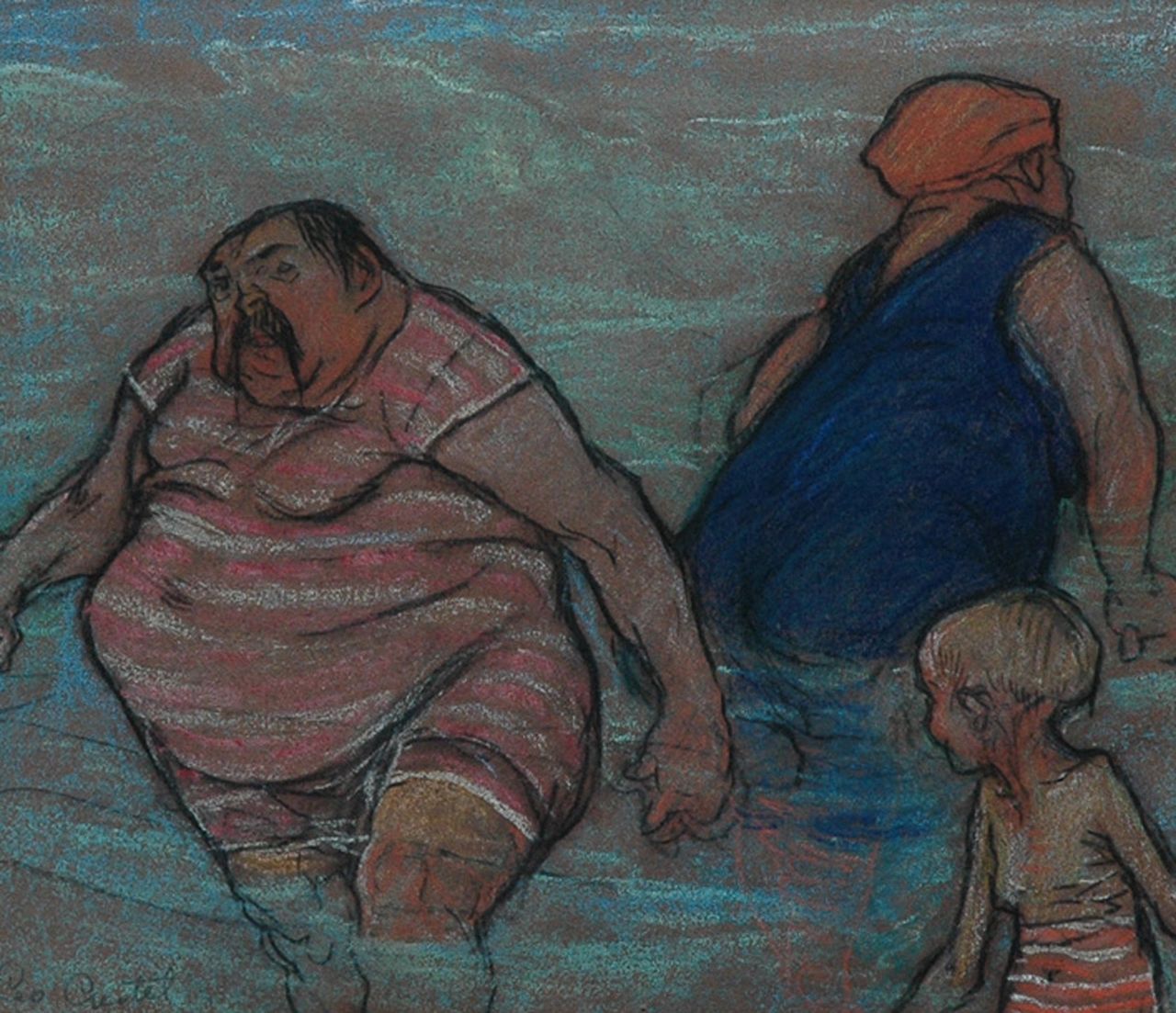 Gestel L.  | Leendert 'Leo' Gestel, Badende familie, houtskool en pastel op papier 20,9 x 24,2 cm, gesigneerd linksonder