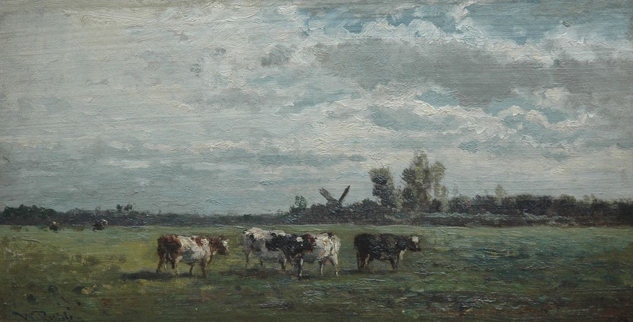 Roelofs W.  | Willem Roelofs, Weide bij Abcoude, olieverf op doek op paneel 21,3 x 40,5 cm, gesigneerd linksonder