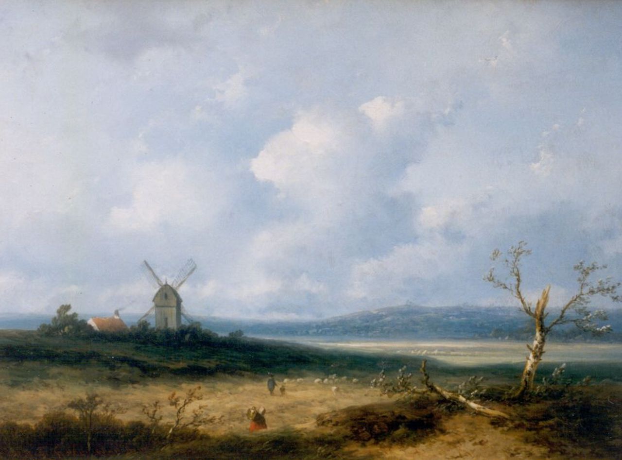 Hoppenbrouwers J.F.  | Johannes Franciscus Hoppenbrouwers, Zomerlandschap met schaapsherder en molen, olieverf op paneel 23,0 x 30,4 cm, gesigneerd linksonder