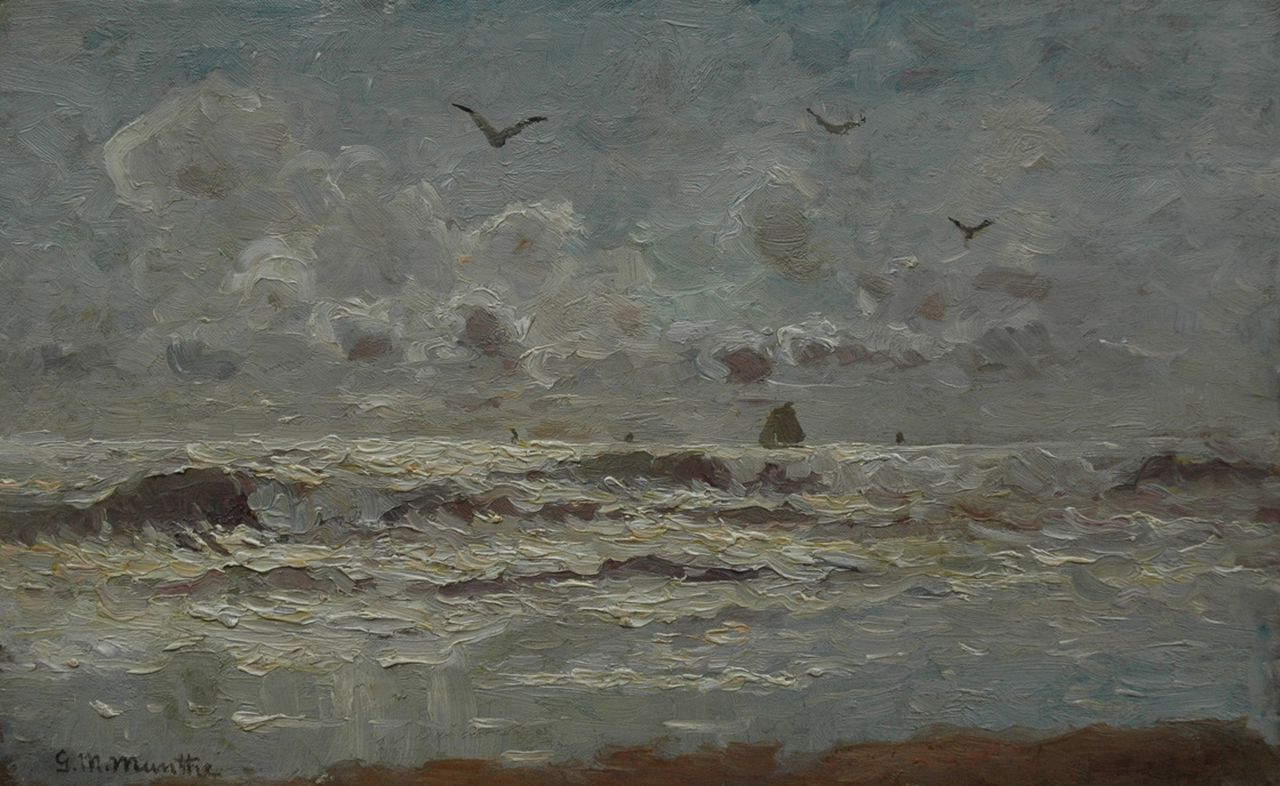 Munthe G.A.L.  | Gerhard Arij Ludwig 'Morgenstjerne' Munthe, Avondstemming op zee, olieverf op doek op paneel 26,8 x 42,1 cm, gesigneerd linksonder en rechtsonder