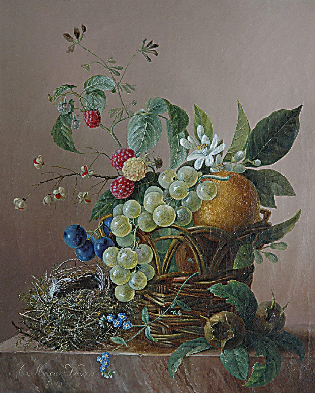 Veeren A.M. van | Anna Maria van Veeren, Stilleven met fruitmand en vogelnestje, olieverf op doek 37,7 x 31,2 cm, gesigneerd linksonder en gedateerd 1840