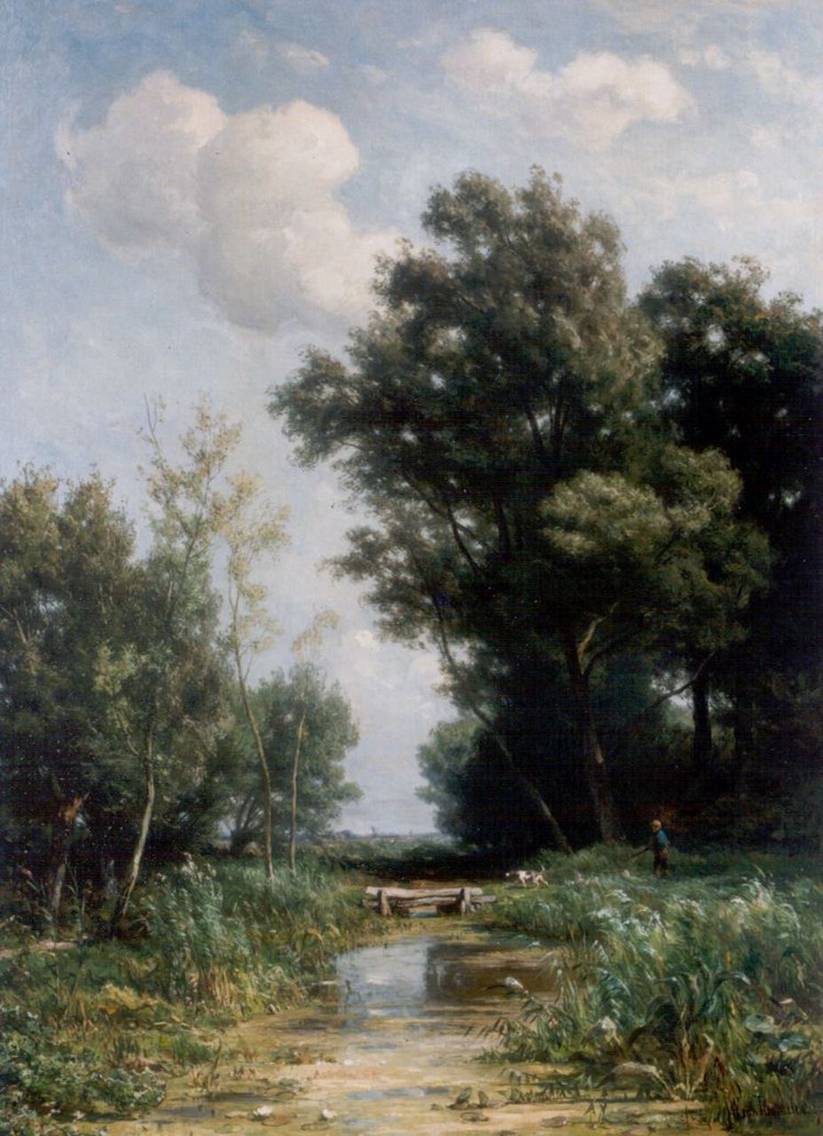 Borselen J.W. van | Jan Willem van Borselen, Jager met hond in polderlandschap, olieverf op doek 101,0 x 74,0 cm, gesigneerd rechtsonder
