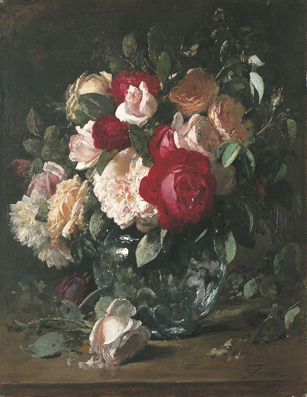 Joors E.  | Eugeen Joors | Schilderijen te koop aangeboden | Rozen in een glazen vaas, olieverf op doek 45,5 x 35,6 cm, gesigneerd rechtsonder en gedateerd 1887
