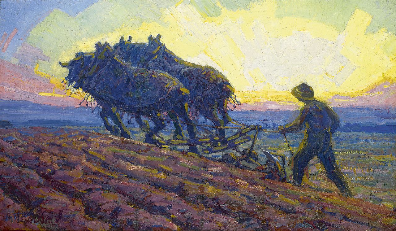 Gouwe A.H.  | Adriaan Herman Gouwe, Ploegende paarden bij zonsopkomst, olieverf op doek 48,8 x 82,0 cm, gesigneerd linksonder en te dateren ca. 1916-1918