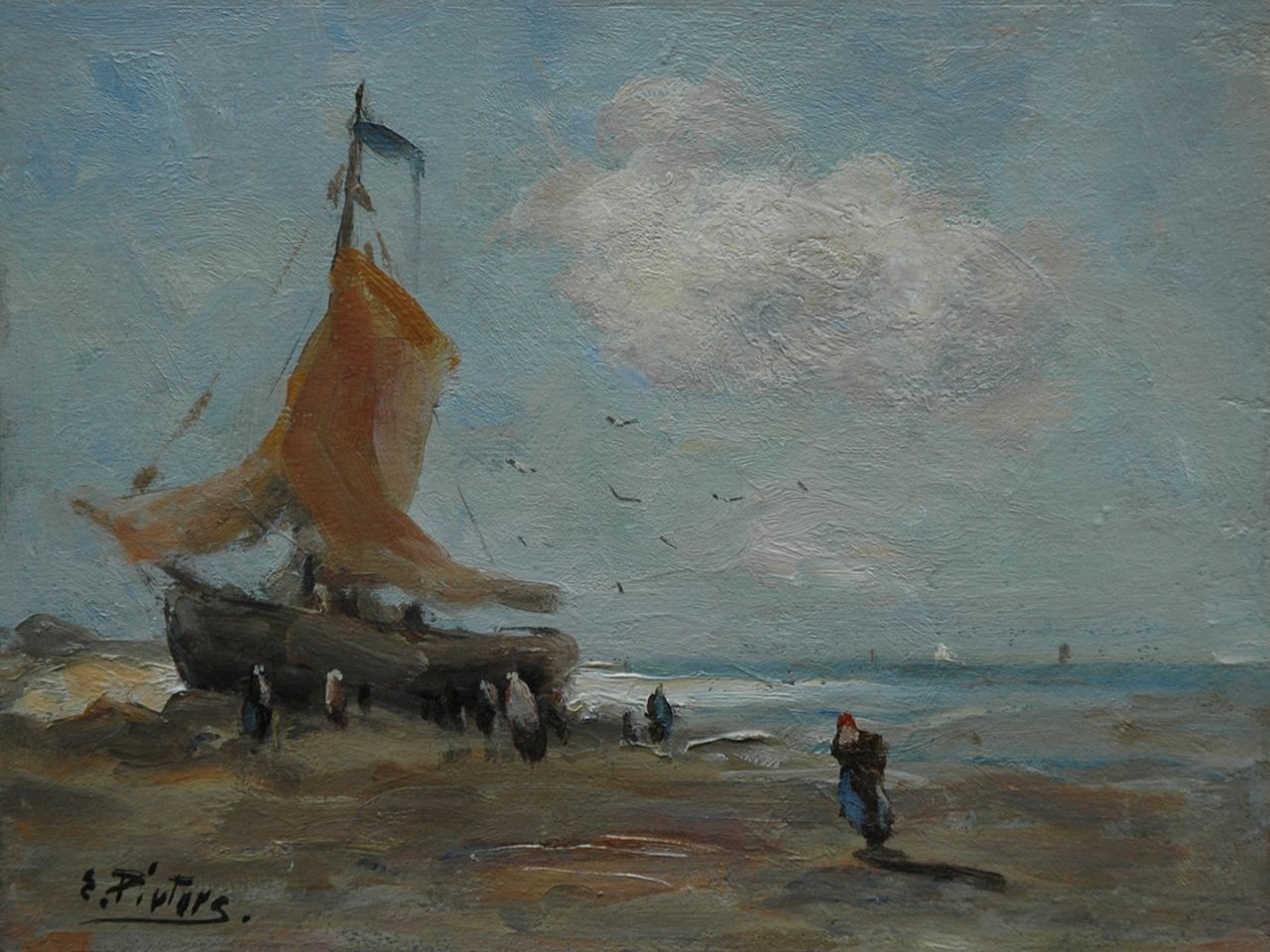 Pieters E.  | Evert Pieters, Bomschuit op het strand, olieverf op schildersboard 19,1 x 25,3 cm, gesigneerd linksonder