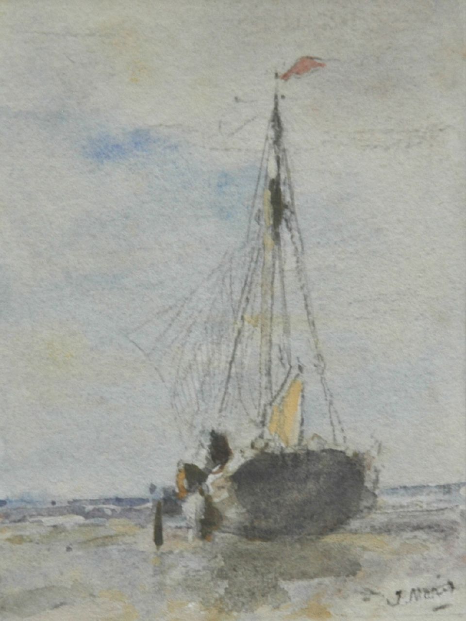 Maris J.H.  | Jacobus Hendricus 'Jacob' Maris, Menukaart met aquarel van een op het strand getrokken bomschuit, aquarel op papier 11,5 x 8,5 cm, gesigneerd rechtsonder en verso gedateerd 4 mei 1895