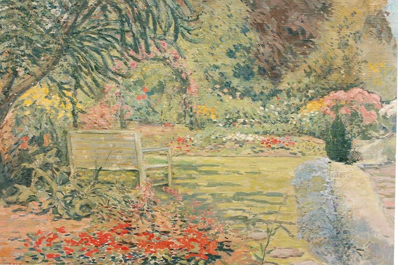 Wijnstroom A.C.  | Anthonij Christiaan Wijnstroom, Zonnige tuin, olieverf op doek op paneel 49,0 x 59,0 cm, gesigneerd linksonder
