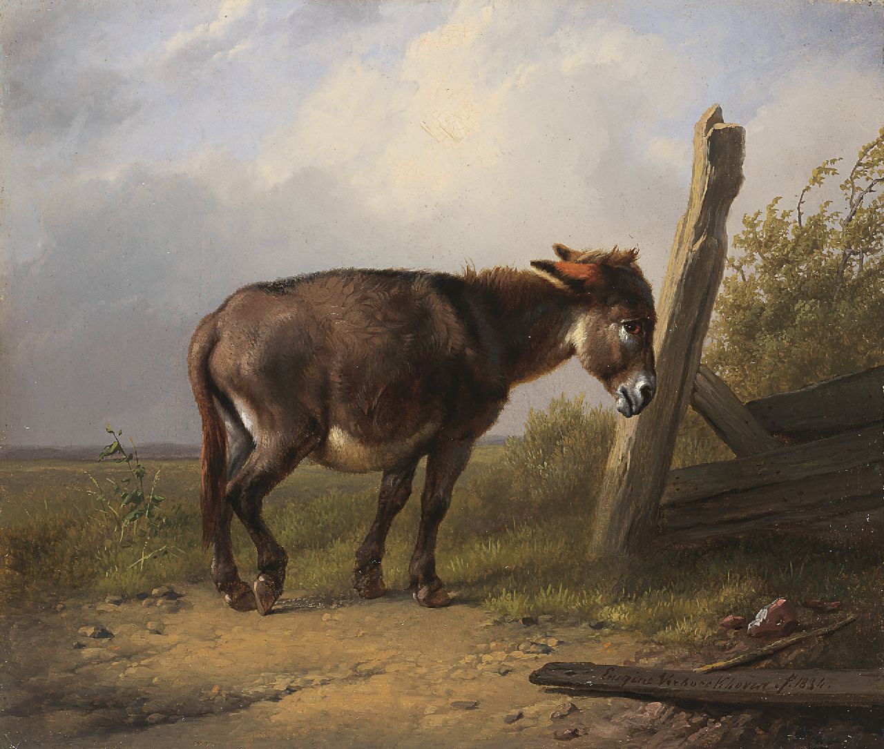 Verboeckhoven E.J.  | Eugène Joseph Verboeckhoven, Rustend ezeltje, olieverf op paneel 14,1 x 16,6 cm, gesigneerd rechtsonder en gedateerd 1838