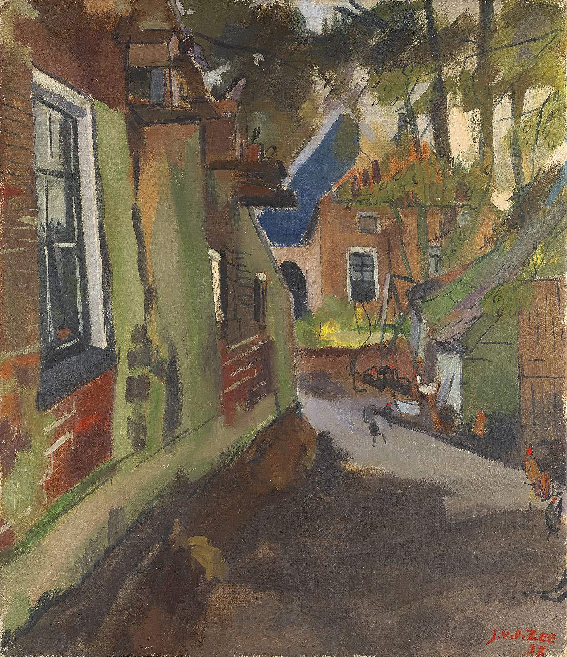 Zee J. van der | Jan van der Zee, Dorpsstraatje; verso: Akkerlandschap met de kerktorens van Zuidwolde, olieverf op doek 69,8 x 60,3 cm, gesigneerd rechtsonder en gedateerd '37 Zee J. van der | Jan van der Zee, Dorpsstraatje; verso: Akkerlandschap met de kerktorens van Zuidwolde, olieverf op doek 69,8 x 60,3 cm, gesigneerd rechtsonder en gedateerd '37