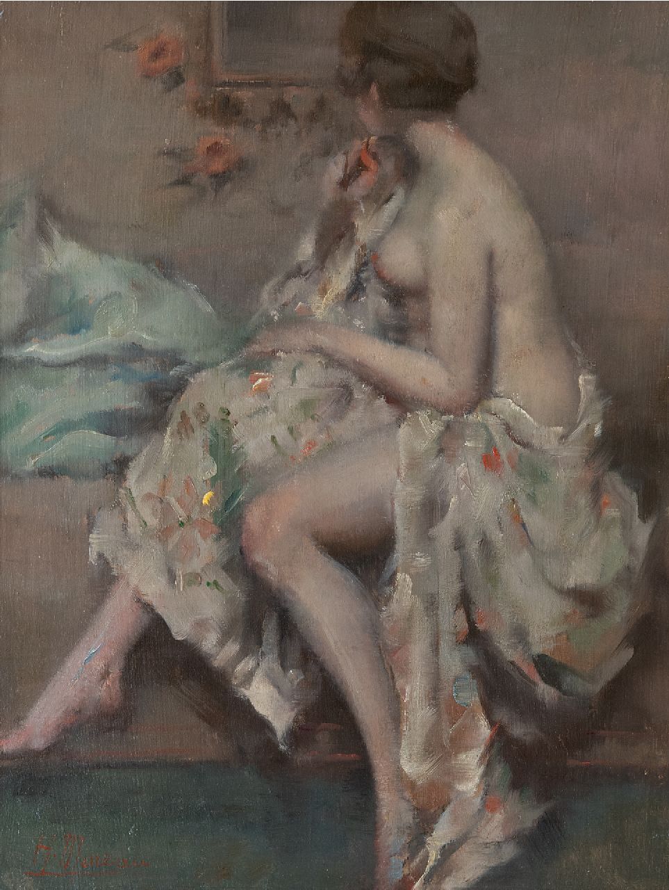 Moreau H.  | Henry Moreau | Schilderijen te koop aangeboden | Het ochtendtoilet, olieverf op paneel 35,2 x 26,9 cm, gesigneerd linksonder