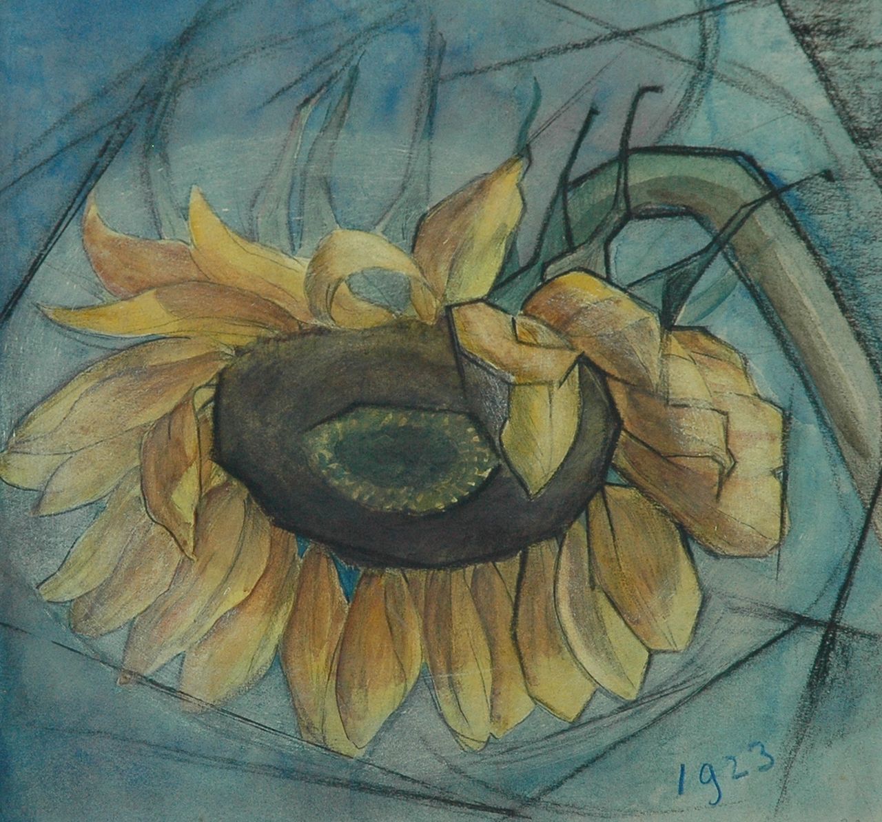 Fiks A.  | Albert Fiks, Zonnebloem, zwart krijt en aquarel op papier 25,6 x 25,4 cm, gedateerd 1923