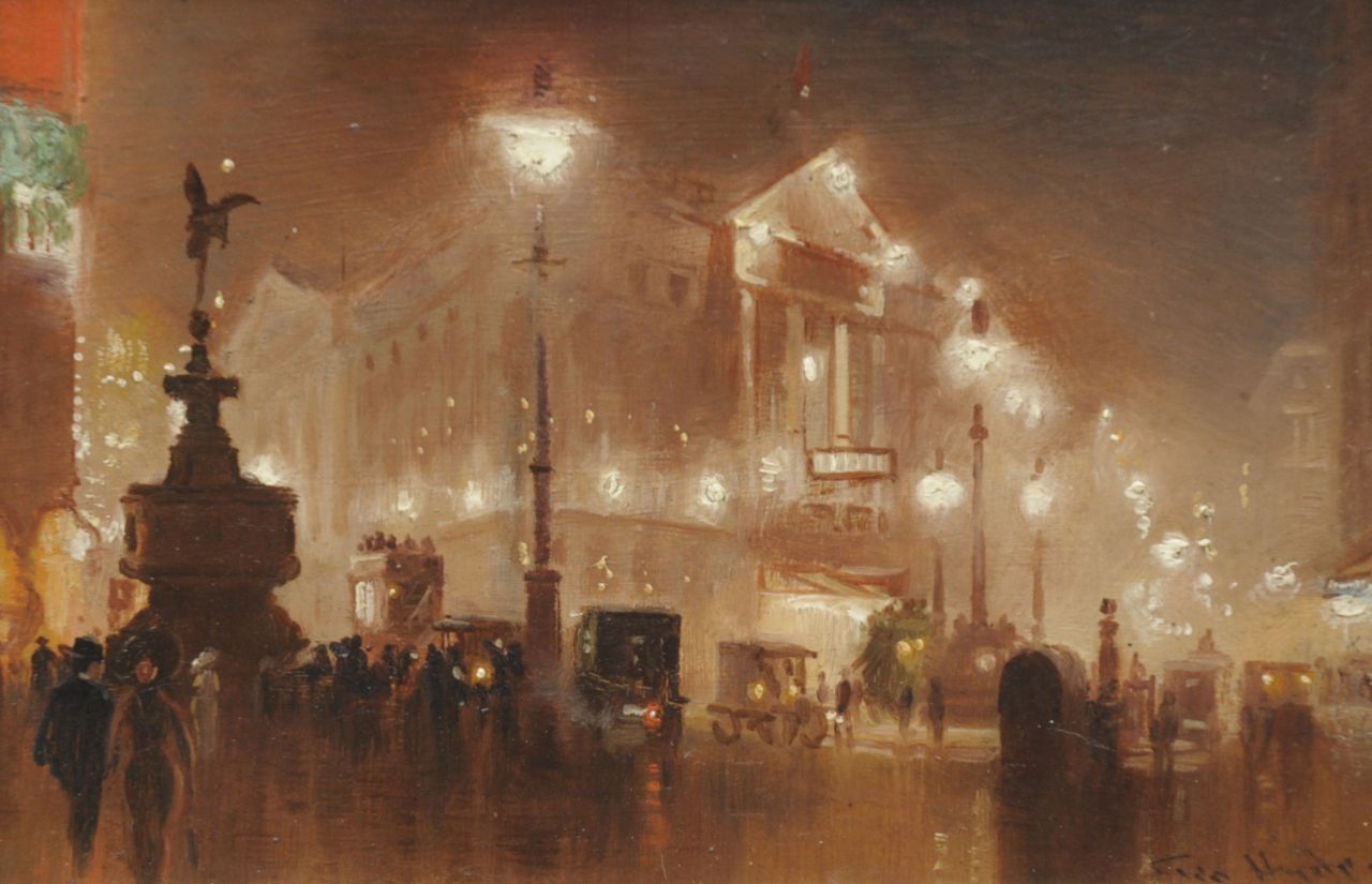 Hyde-Pownall G. | George Hyde-Pownall, Avond op Piccadilly Circus, Londen, olieverf op schildersboard 15,2 x 23,2 cm, gesigneerd rechtsonder Hyde-Pownall G. | George Hyde-Pownall, Avond op Piccadilly Circus, Londen, olieverf op schildersboard 15,2 x 23,2 cm, gesigneerd rechtsonder