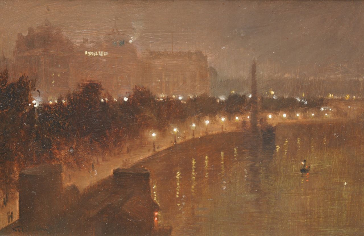 Hyde-Pownall G.  | George Hyde-Pownall, De Victoria Embankment aan de Thames, bij avond, olieverf op schildersboard 15,2 x 23,2 cm, gesigneerd linksonder