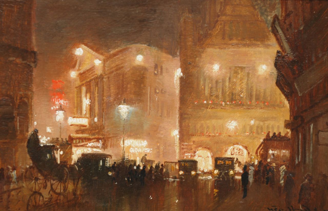 Hyde-Pownall G.  | George Hyde-Pownall, Haymarket, Londen, bij avond, olieverf op schildersboard 15,2 x 23,3 cm, gesigneerd rechtsonder
