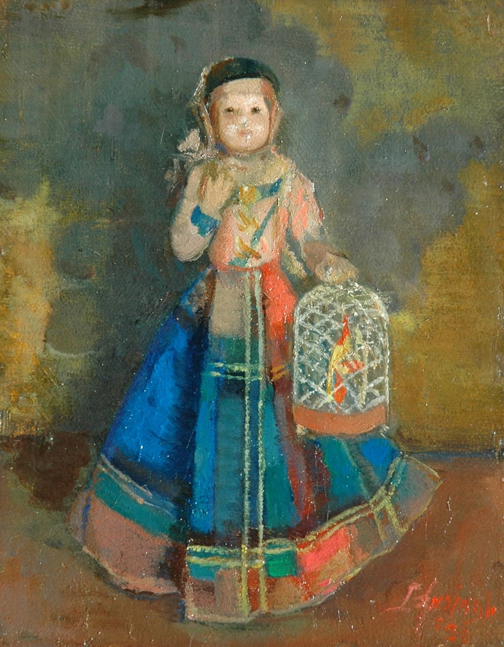 Ansingh M.E.G.  | Maria Elisabeth Georgina 'Lizzy' Ansingh, Kind met kooi, olieverf op paneel 17,9 x 14,0 cm, gesigneerd rechtsonder en gedateerd '36