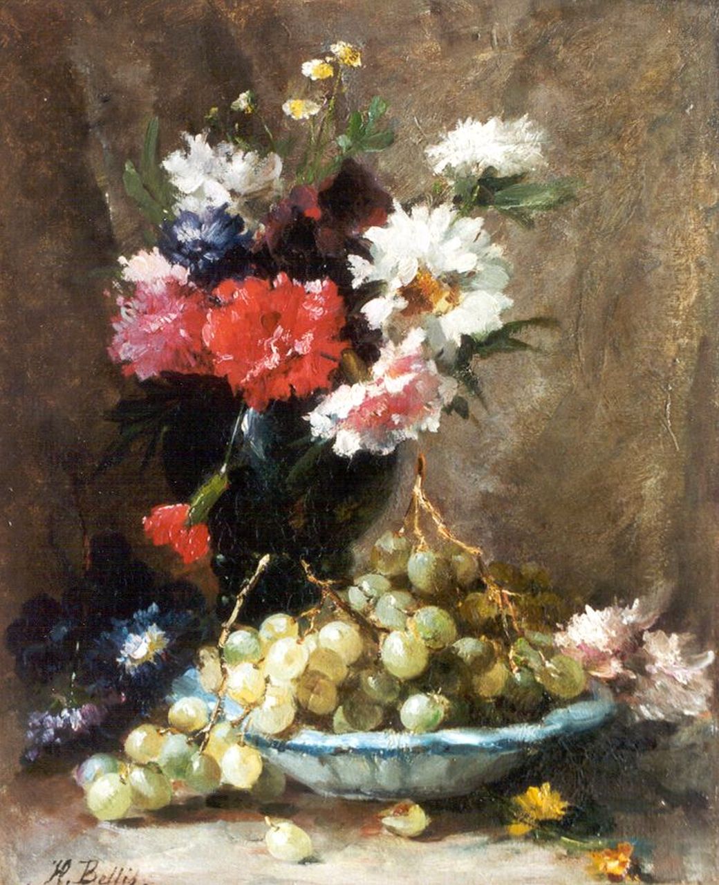 Bellis J.L.  | Josse-Lambert 'Hubert' Bellis, Stilleven met bloemen en schaal met druiven, olieverf op doek 45,0 x 35,0 cm, gesigneerd linksonder