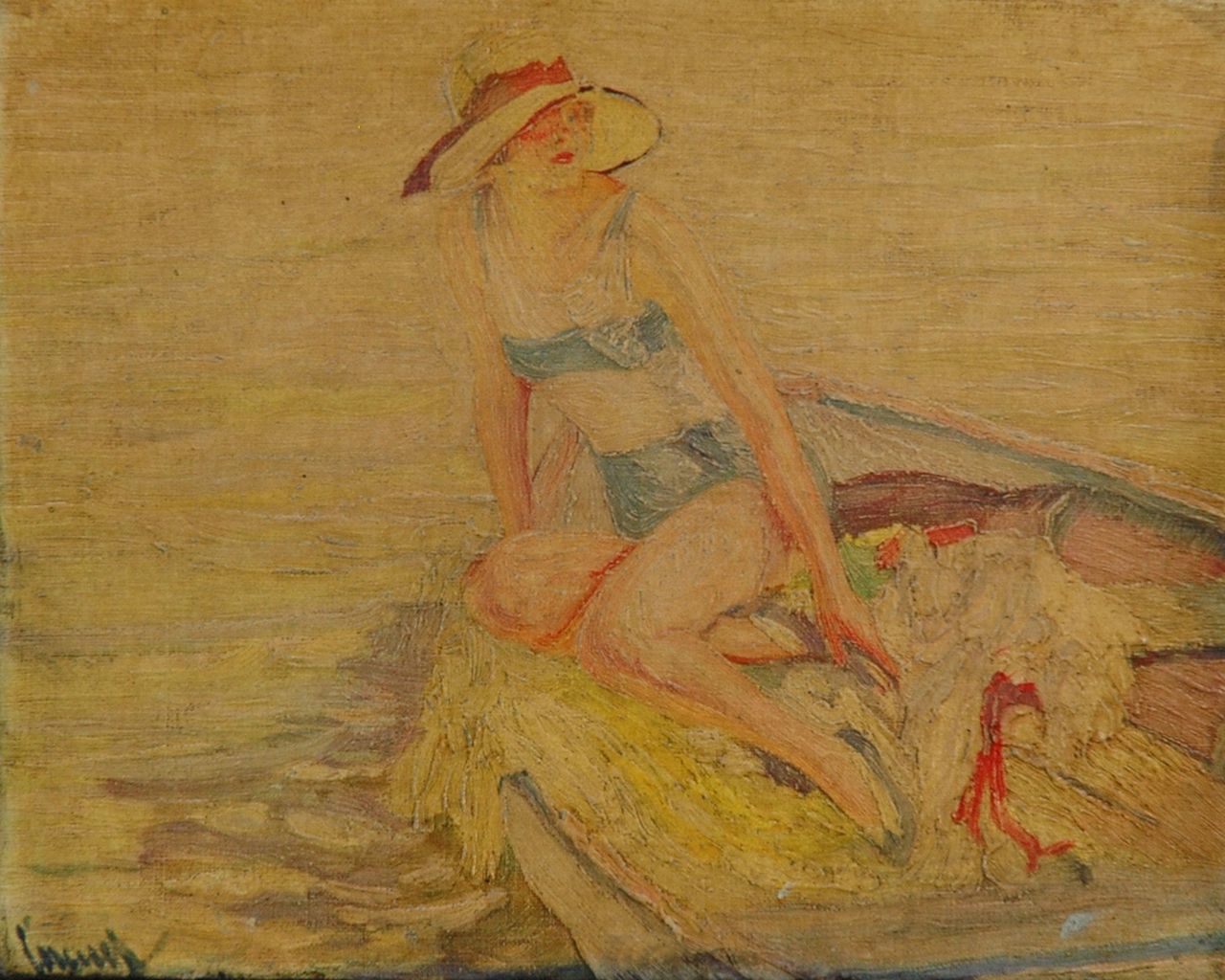 Cucuel E.  | Edward Cucuel, Zonnebaadster op een bootje, olieverf op doek 24,0 x 30,0 cm, gesigneerd linksonder