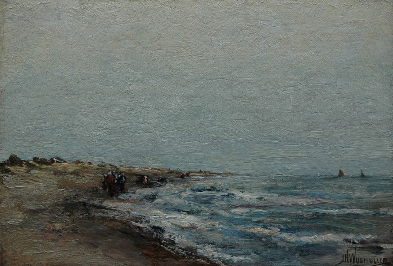 Wijsmuller J.H.  | Jan Hillebrand Wijsmuller, Vissersvolk langs de waterlijn, olieverf op doek op paneel 18,2 x 26,3 cm, gesigneerd rechtsonder